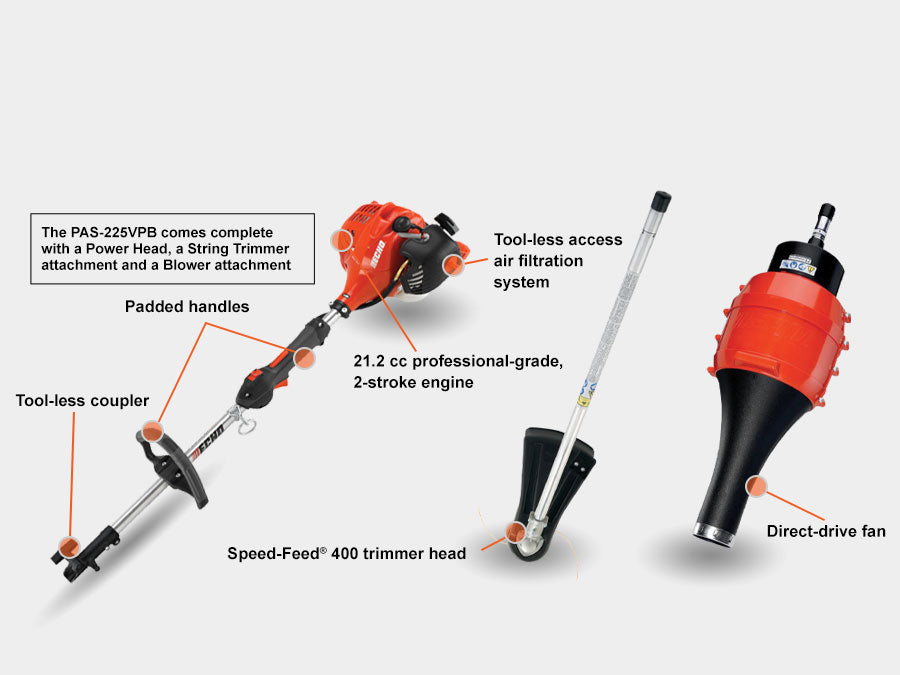 PAS-225VPB Comes complete with Power Head, a String Trimmer attachment and Blower Attachment
